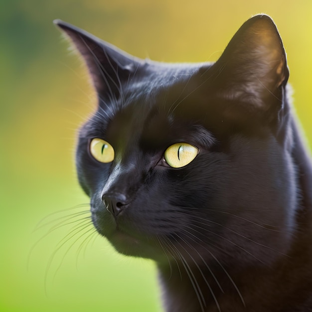 Un chat noir aux yeux jaunes regarde vers la gauche.