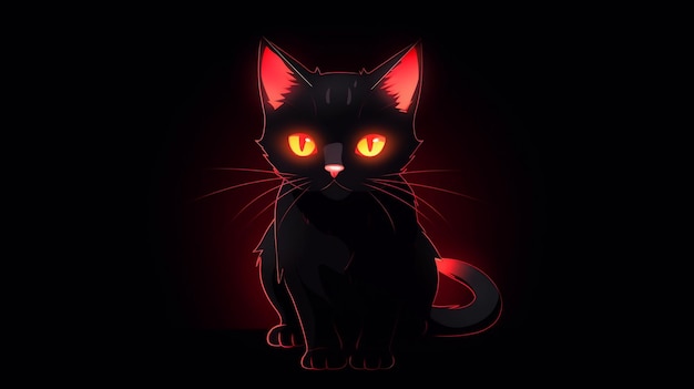 Un chat noir aux yeux orange est assis dans une pièce sombre.