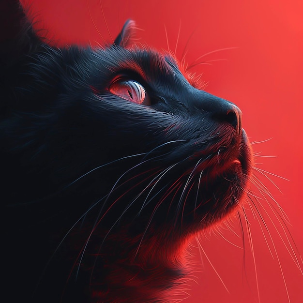 Un chat noir aux yeux rouges qui lève les yeux.