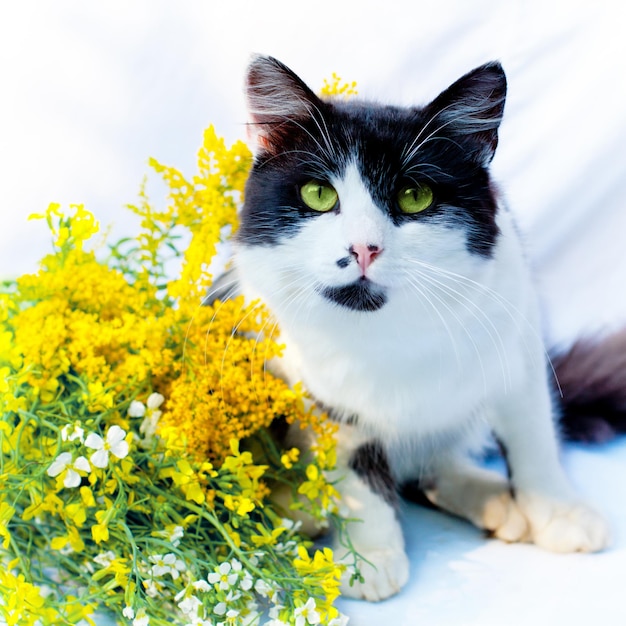Chat noir et blanc assis près de fleurs jaunes