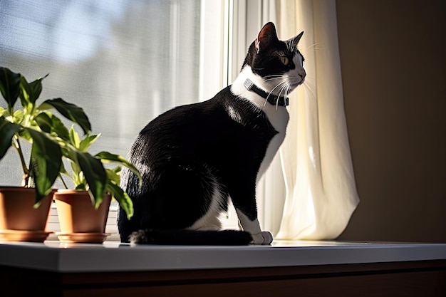 Un chat noir et blanc assis sur un seuil de fenêtre