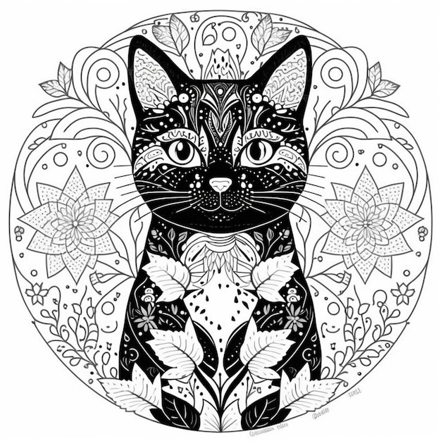 un chat noir et blanc avec un dessin floral sur lui