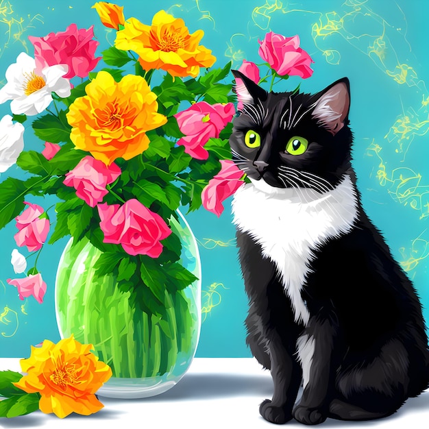 Photo chat noir et blanc avec des fleurs