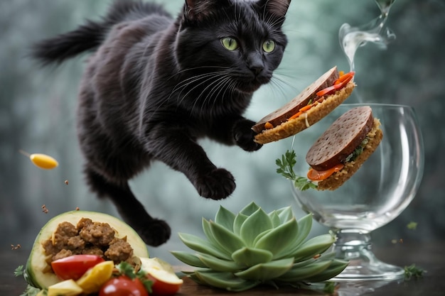 Un chat noir et blanc garde une boîte avec des fruits exotiques ND BURGER