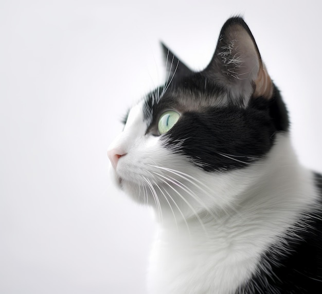 Un chat noir et blanc avec un nez et des moustaches roses.