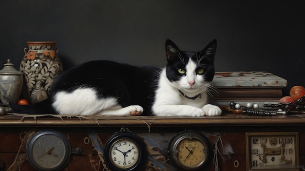 Un chat noir et blanc repose sur la commode avec un