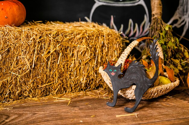 Photo chat noir en bois décoratif. décor pour la fête d'halloween