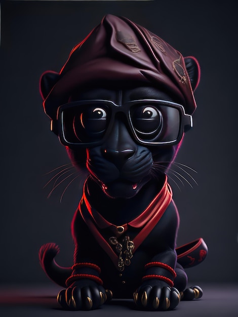 Un chat noir avec un chapeau et des lunettes qui dit