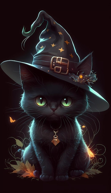 Un chat noir avec un chapeau de sorcière.