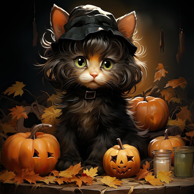 Un chat noir, un chaton, une chatte, une illustration d'Halloween, des œuvres d'art effrayantes, de l'horreur, des tatouages isolés, des dessins animés fantastiques.