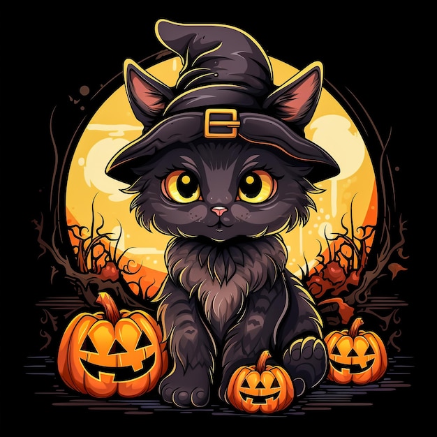 Chat noir avec citrouille d'Halloween isolé sur fond blanc Illustration vectorielle
