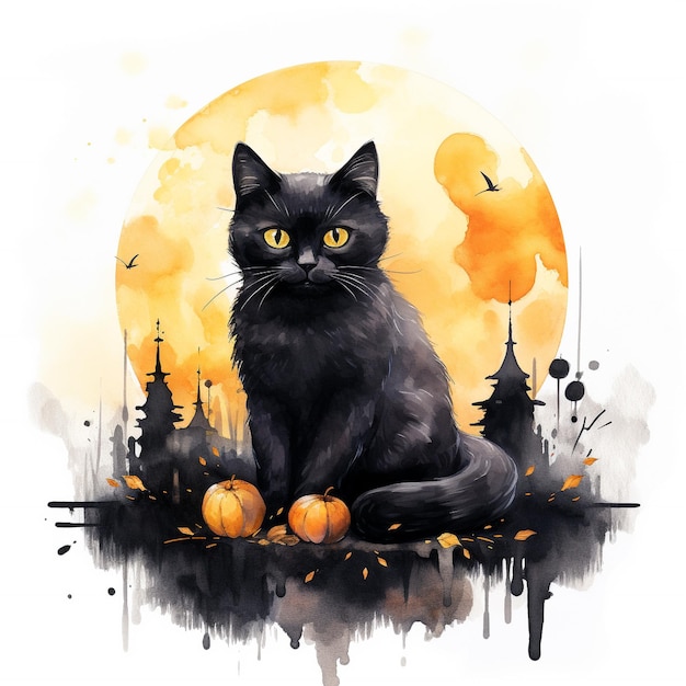 Le chat noir et les citrouilles d'Halloween