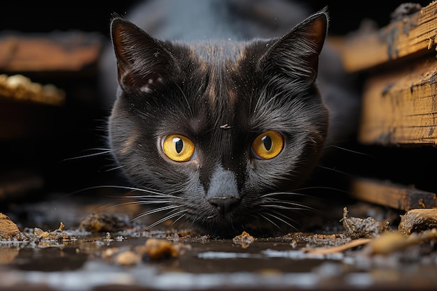 Un chat noir curieux se cache à l'intérieur de la tanière générative IA