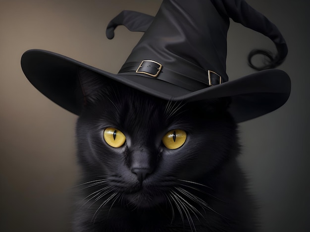 Un chat noir dans un chapeau de sorcière sur un fond sombre Halloween