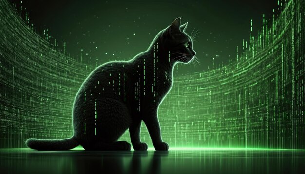 Photo chat noir dans la matrice de fond vert généré par l'ia