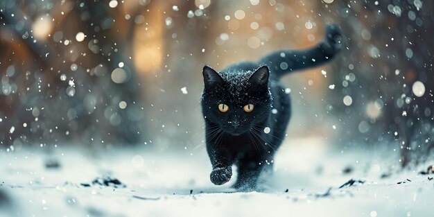 Photo chat noir dans le paysage bokeh d'hiver