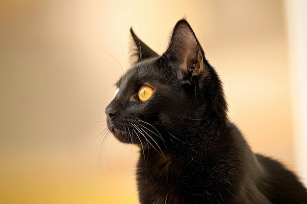 Un chat noir élégant rayonnant de mystère et de sophistication isolé contre un fond lumineux