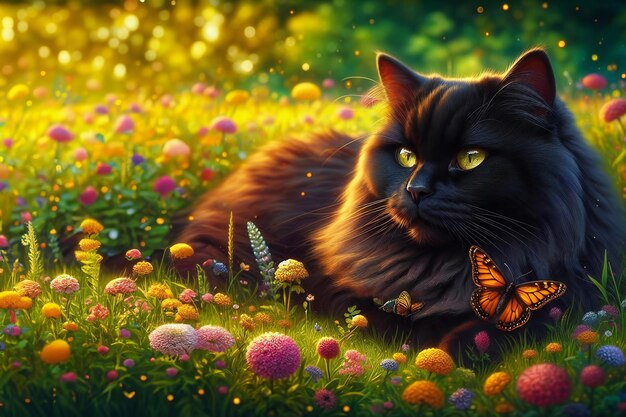 Un chat noir est allongé dans un champ de fleurs avec un papillon à proximité