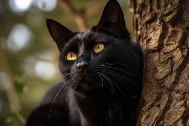 Un chat noir est assis sur un arbre.