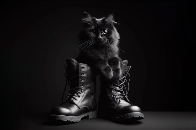 Un chat noir est assis sur des bottes sur un fond noir.