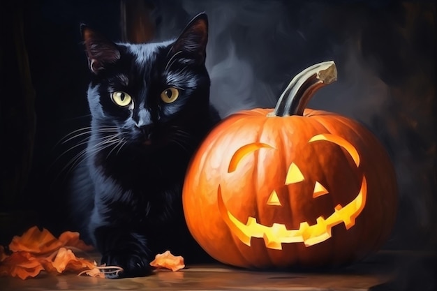 Un chat noir est assis à côté d'une citrouille avec le mot halloween dessus.
