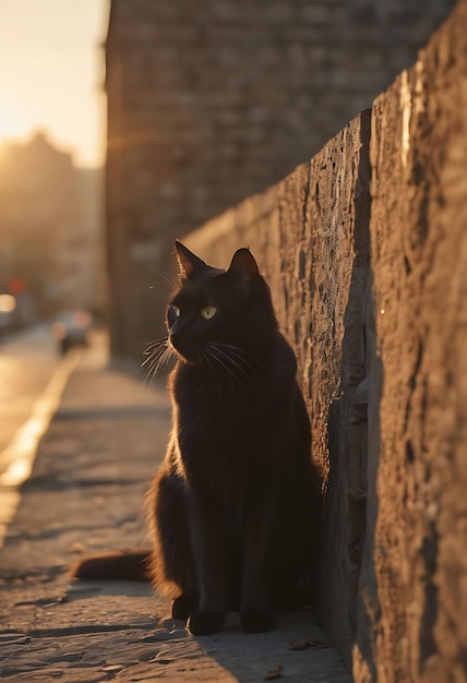 un chat noir est assis sur un mur au soleil