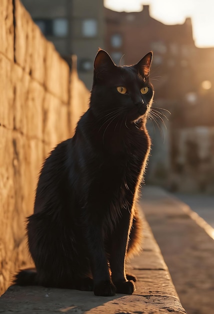 un chat noir est assis sur un mur et regarde le ciel