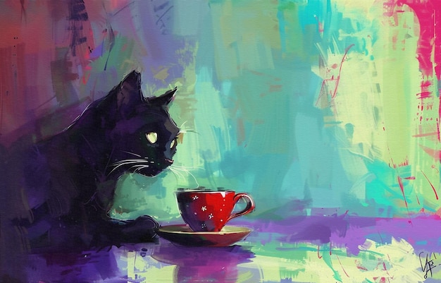un chat noir est assis sur une soucoupe avec une tasse rouge