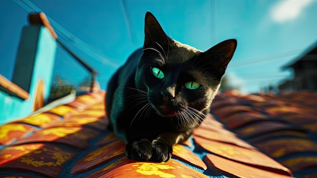 Un chat noir est assis sur un toit avec un fond jaune.