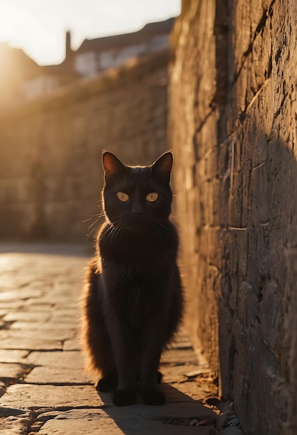 un chat noir est debout sur une passerelle en pierre