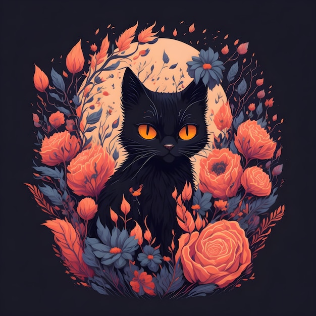 Un chat noir est entouré de fleurs et des mots « chat ».