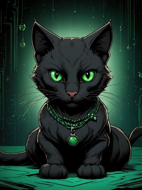 chat noir fantastique avec des yeux sournois sur un fond noir avec des verts et des zéros comme dans le film