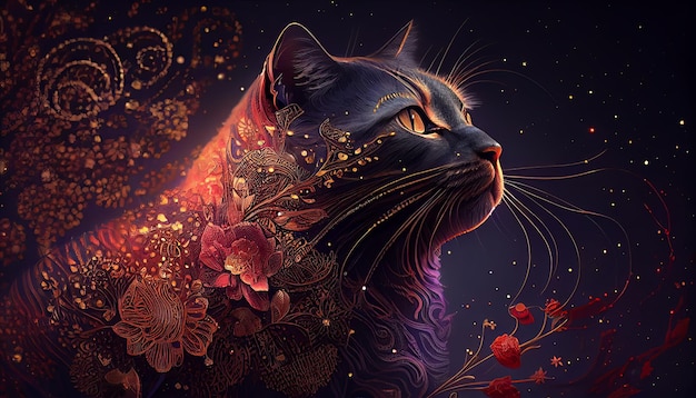 Un chat noir avec des fleurs dessus