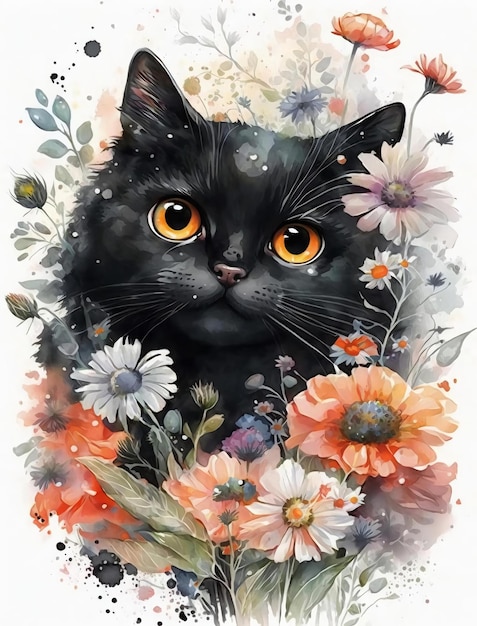 Un chat noir avec un fond de fleur