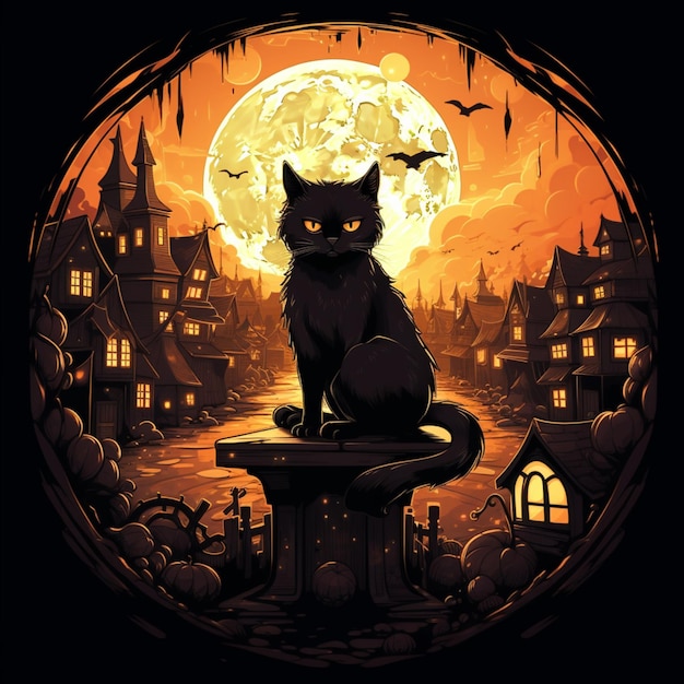 chat noir sur fond d'illustration halloween