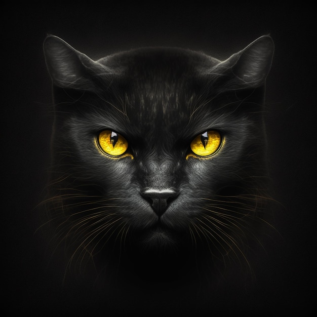 Chat noir sur fond noir avec des yeux jaune vif