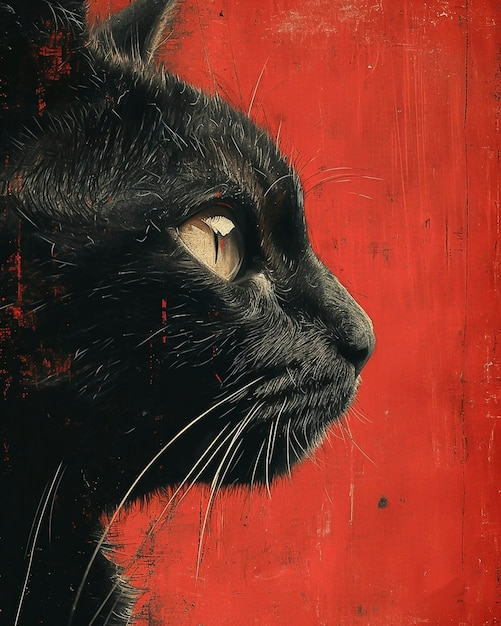 Photo un chat noir avec un fond rouge et un mur rouge