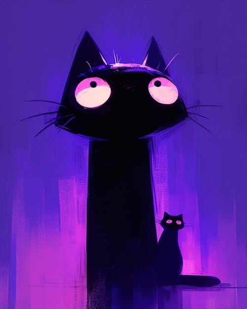 un chat noir avec un fond violet et un chat noir aux yeux
