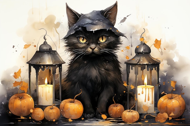 Chat noir d'Halloween avec des bougies et des citrouilles Illustration à l'aquarelle