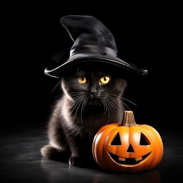 Chat noir d'Halloween en chapeau de sorcière avec citrouille isolé sur fond noir