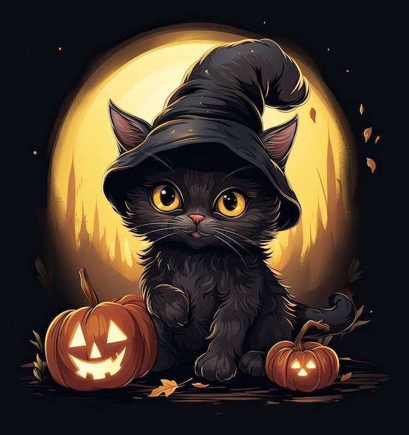 Le chat noir d'Halloween dans un chapeau de sorcière est assis contre la pleine lune à proximité de l'IA générative
