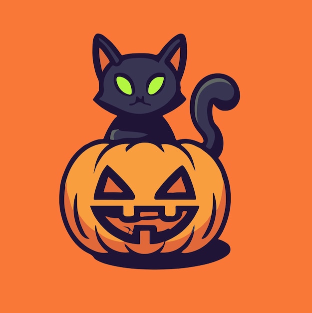 Chat noir d'halloween mignon avec illustration de citrouille maléfique Chat noir de dessin animé et citrouille maléfique halloween