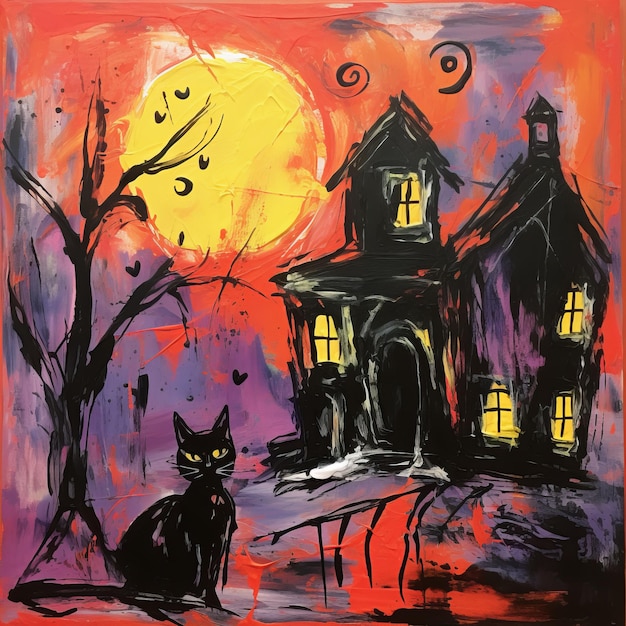 Le chat noir et la maison hantée avec la pleine lune jaune