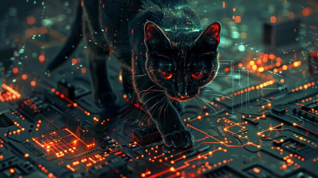 Photo un chat noir marche sur la carte de circuit numérique illustration futuriste