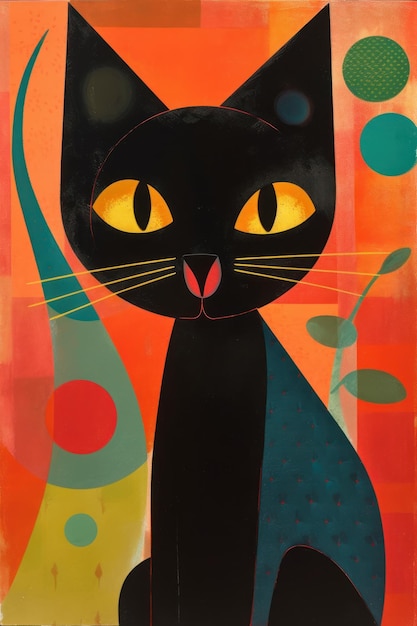 Chat noir mignon stylisé couleurs vives kitsch art moderne du milieu du siècle abstrait