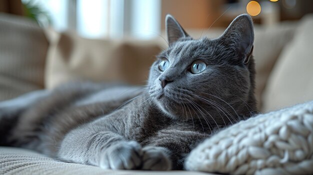 Un chat noir et moelleux est allongé sur le canapé du salon à s'occuper d'un chat de compagnie.