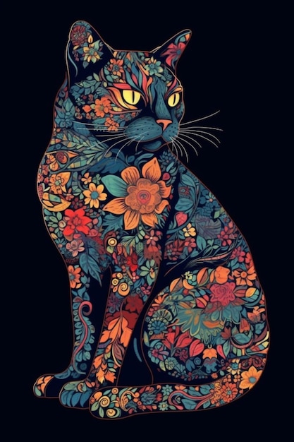 Un chat noir avec un motif floral sur son visage est assis sur un fond noir.