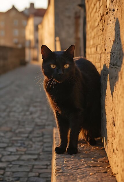 un chat noir avec une moustache blanche et un chat noir debout sur une passerelle en pierre