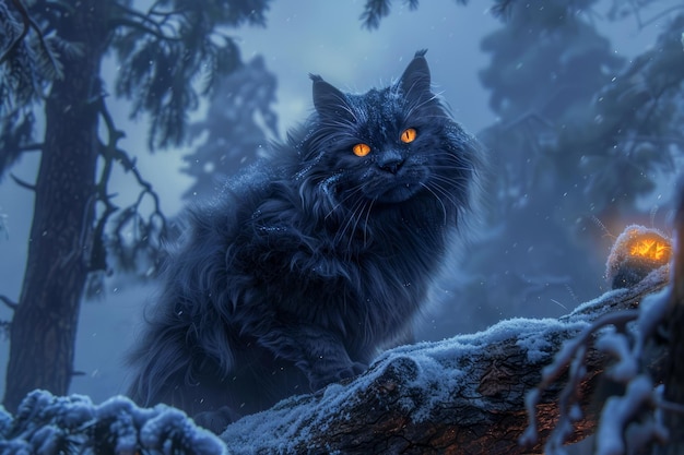 Chat noir mystique aux yeux brillants sur une branche enneigée dans une scène de forêt hivernale