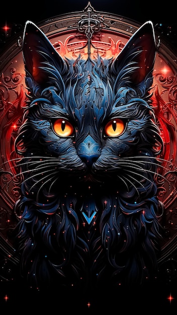 Un chat noir mystique sur un fond rouge Illustration conceptuelle abstraite d'Halloween